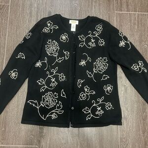 Talbots Black and White Floral Embroidered Cardigan